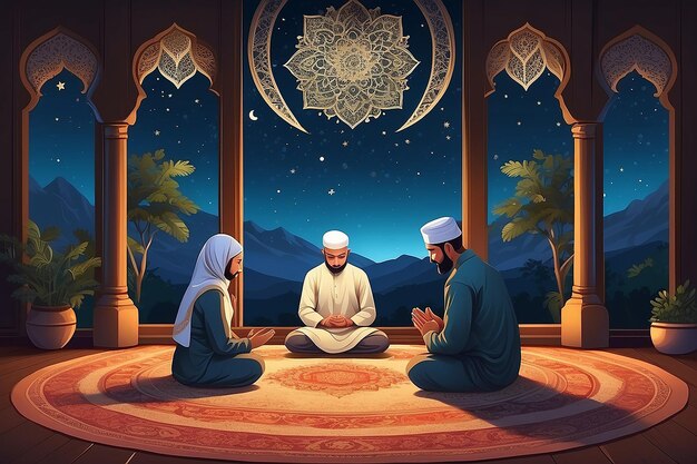 Photo illustration of muslim family praying before meal on mat in front of mandala islamic window at night