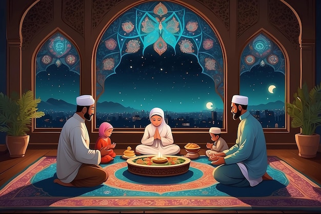 Photo illustration of muslim family praying before meal on mat in front of mandala islamic window at night