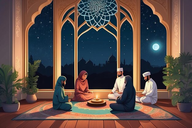 Illustration Of Muslim Family Praying Before Meal On Mat In Front of Mandala Islamic Window At Night