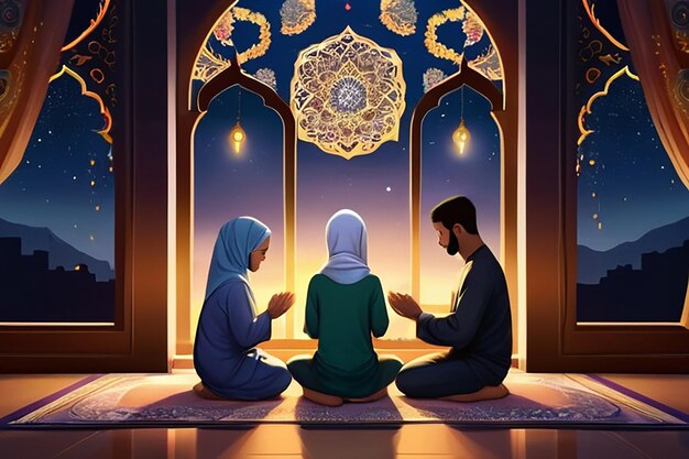 Illustration Of Muslim Family Praying Before Meal On Mat In Front of Mandala Islamic Window At Night