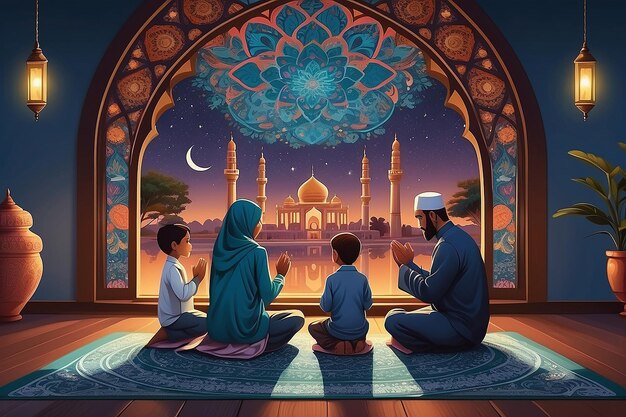 Photo illustration of muslim family praying before meal on mat in front of mandala islamic window at night