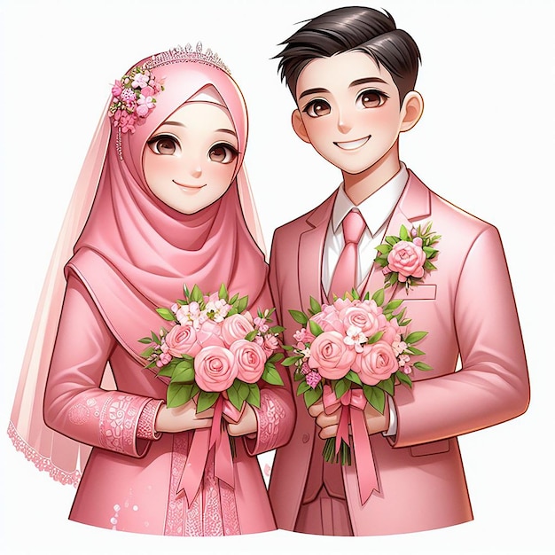 illustration of a Muslim wedding couple wearing pink clothes