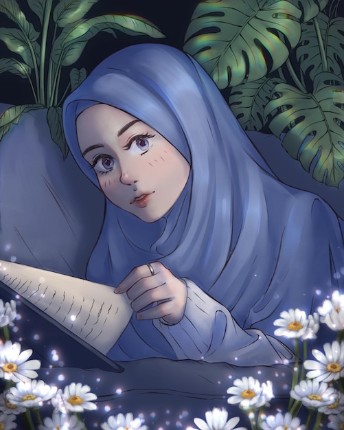 illustration of a muslim woman wearing a hijab smiling while reading a book with plant