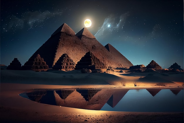 Illustration of mysterious pyramids ancient civilization mystical landscape AI