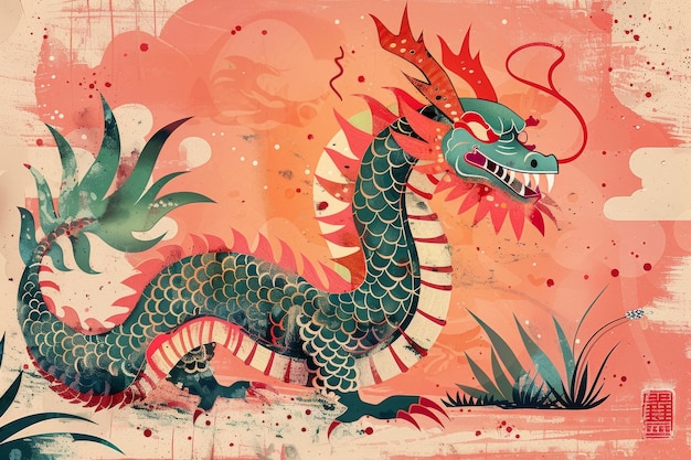 Illustration mythical dragon in a Chinese inspired style in peach pink and green color