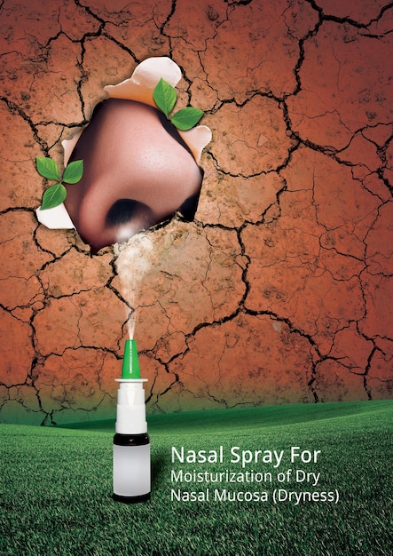 Illustrazione per trattamento della mucosa nasale secca con spray nasale su campo verde