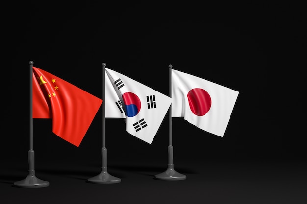 illustration of the national flags of China South Korea and Japan on a metal flagpole