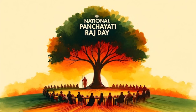 Illustration for national panchayati raj day with a silhouette of group of people under a tree