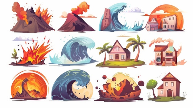 Photo illustration of natural disasters cartoon extreme weather conditions floods avalanches hurricanes earthquakes tsunamis isolated flat color calamities
