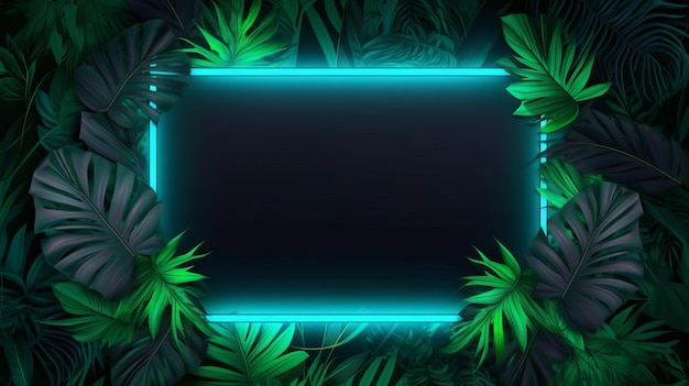 Illustration of a neon frame surrounded by green tropical leaves