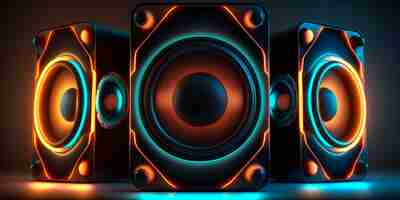 Photo illustration of neon light sound speakers music boxes ai generated content