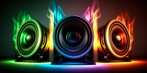 Illustration of neon light sound speakers music boxes AI generated content