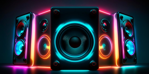 Photo illustration of neon light sound speakers music boxes ai generated content