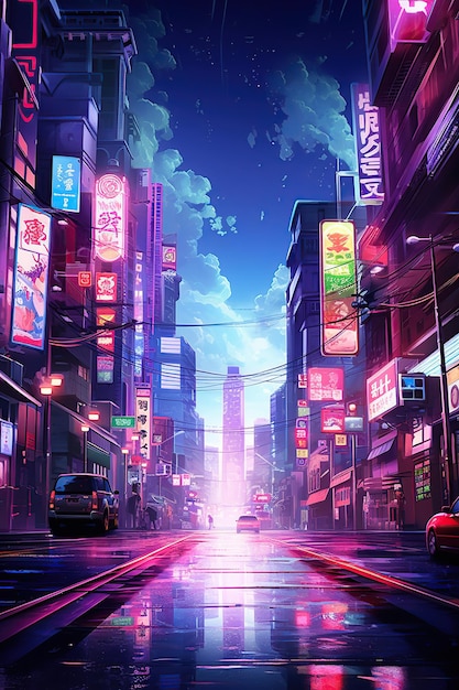 Photo illustration of neon lights in night city with buildings and street roads