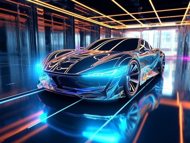 Illustration of a neon sports car on a black background