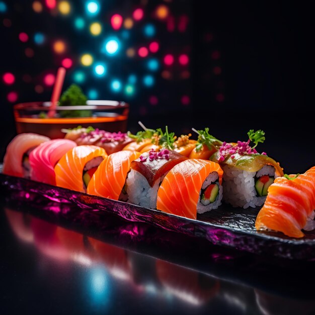 Photo illustration of neon sushi nigiri and rolls on large glass plate