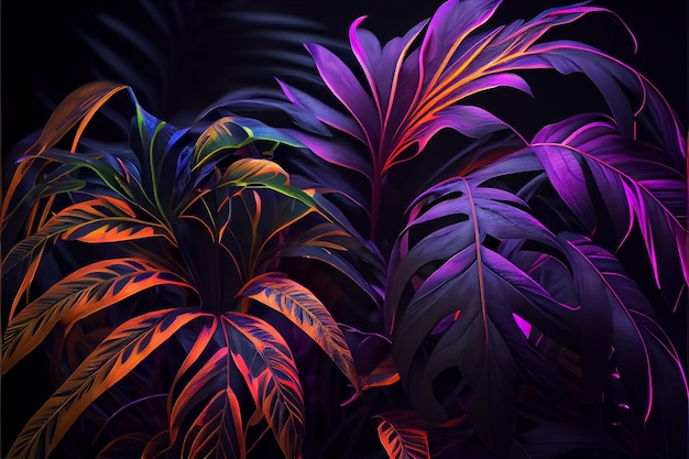 Foto illustrazione del tema tropicale al neon con palme e fiori esotici ai