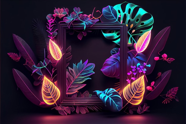 Illustration of neon tropical theme with palm tree and exotic floral ai