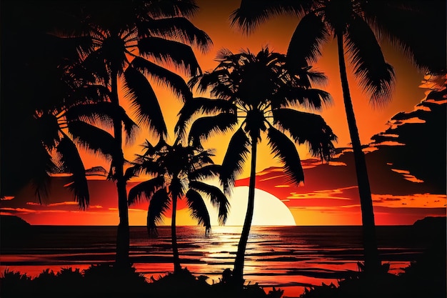 Иллюстрация неоновой тропической темы с пальмой и экзотическим цветочным ай