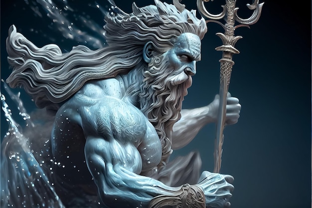 Illustration of Neptune Poseidon from legend of the lost city of Atlantis AI