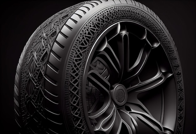 Illustration of new tire on black background for change tires concept ai