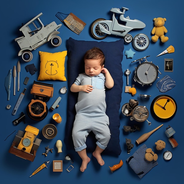 illustration of newborn baby boy asleep on a blue blanket surrounded