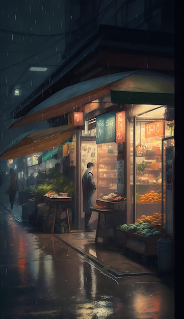 Иллюстрация ночных рынков в японии с иллюстрацией ИИ, генерирующей дождь