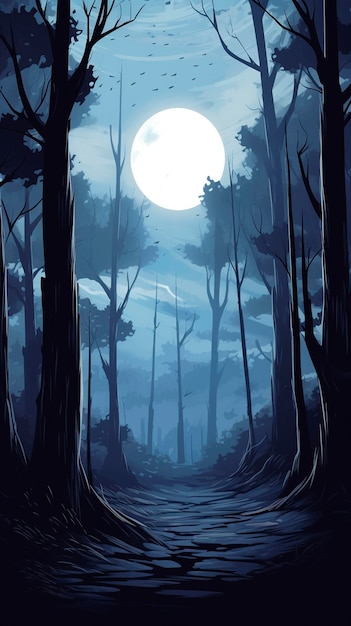 illustration night scene in the magic forest with many trees and a huge moon