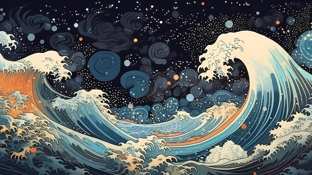 illustration of night sky sea waves