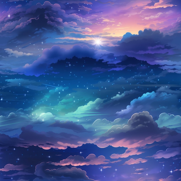 an illustration of the night sky with clouds and stars