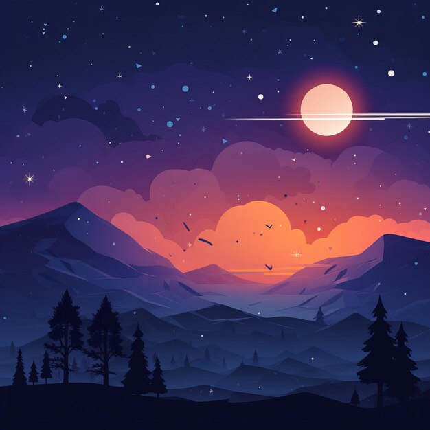 An illustration of the night sky with mountains and trees