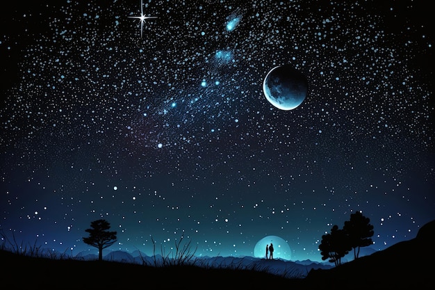 Иллюстрация ночного неба со звездами, луной и созвездиями.