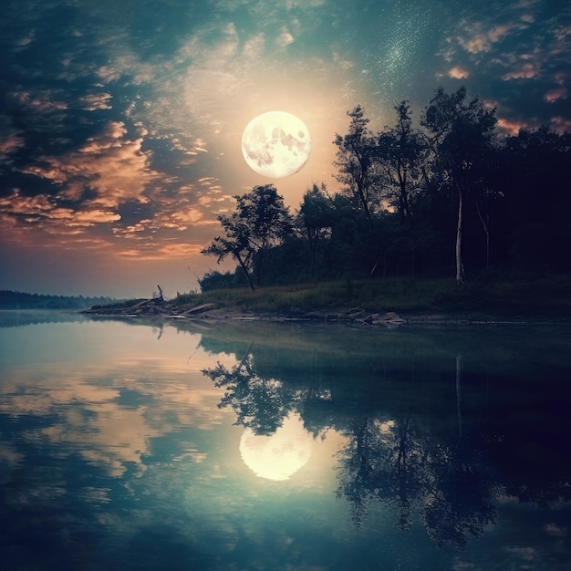Premium AI Image | Illustration of a night view on a lake with a full moon