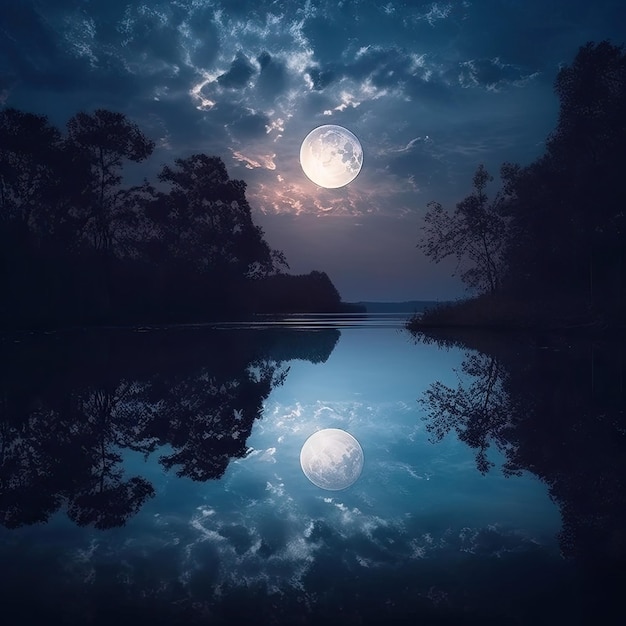 Иллюстрация ночного вида на озеро с полной луной