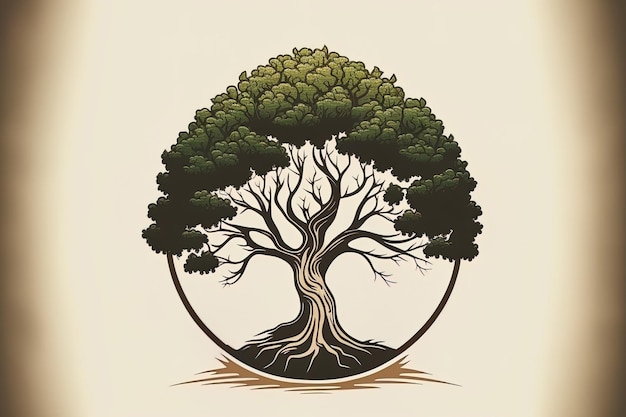 Illustration of an oak tree in nature with an abstract tree logo symbol