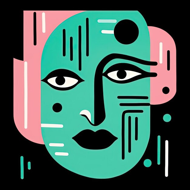 Photo an illustration of oblong face in black and green in the style of light pink and teal