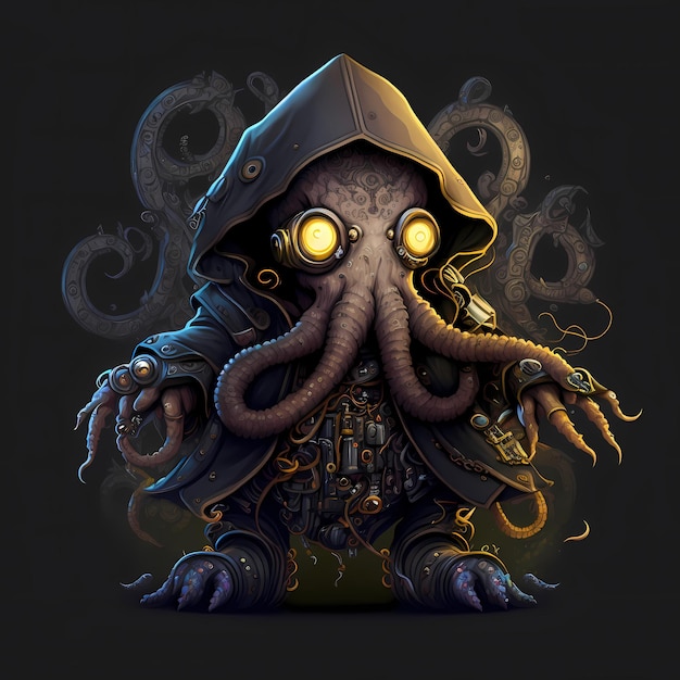 Illustration of a Octopus Monster character, steampunk style, cartoon character design