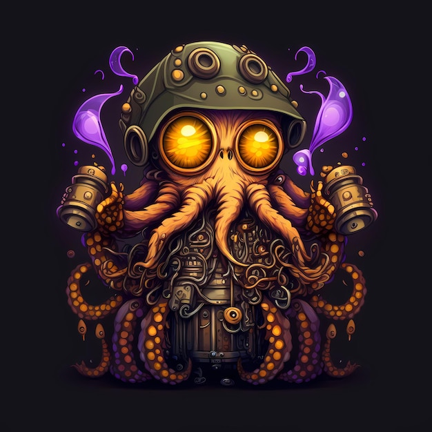 Illustration of a Octopus Monster character, steampunk style, cartoon character design