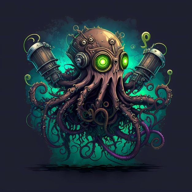 Illustration of a Octopus Monster character, steampunk style, cartoon character design