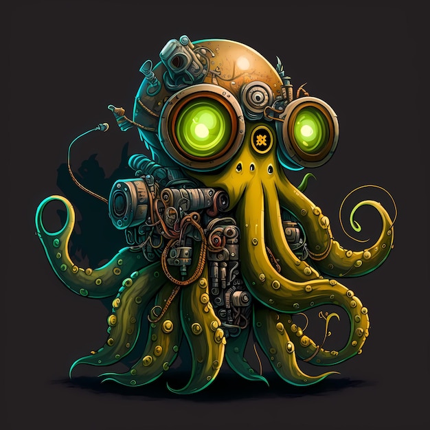 Illustration of a Octopus Monster character, steampunk style, cartoon character design