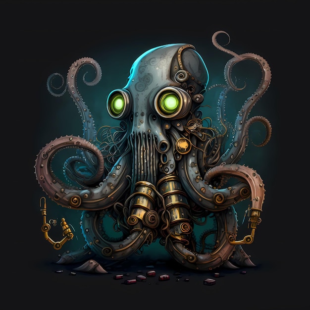 Illustration of a Octopus Monster character, steampunk style, cartoon character design