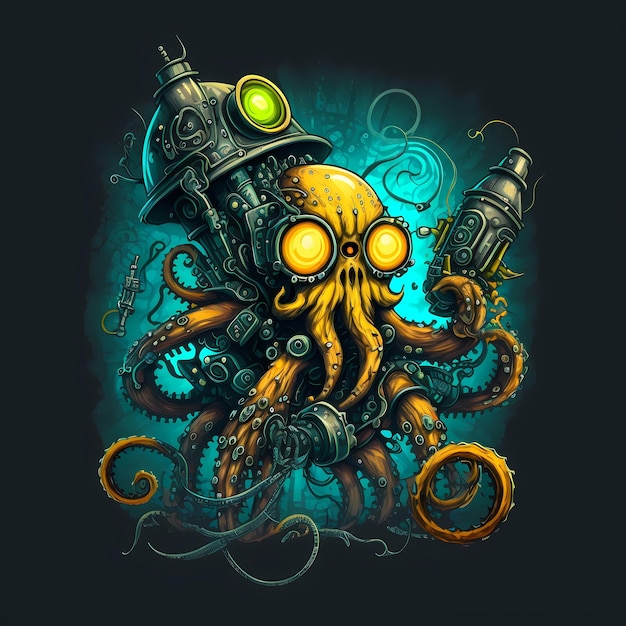 Illustration of a Octopus Monster character, steampunk style, cartoon character design