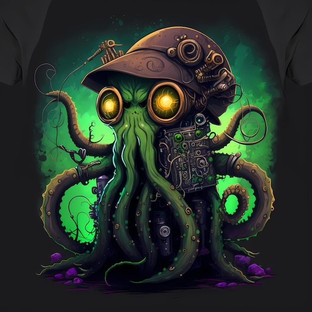 Illustration of a Octopus Monster character, steampunk style, cartoon character design