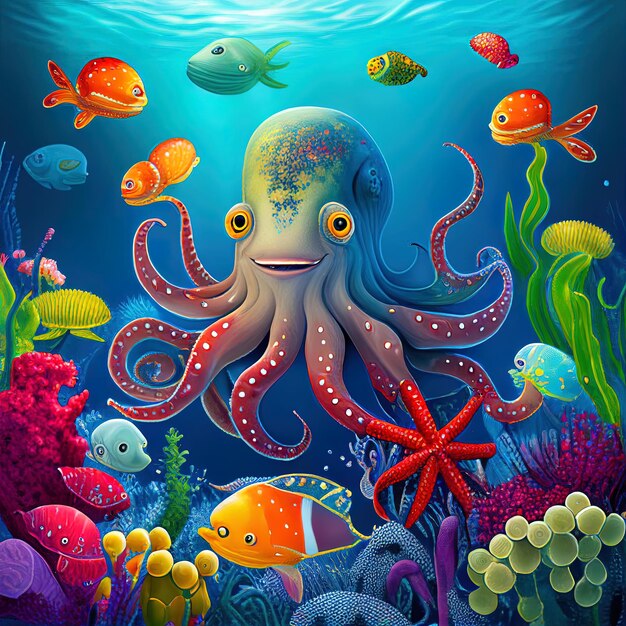 An illustration of an octopus and some fish under water