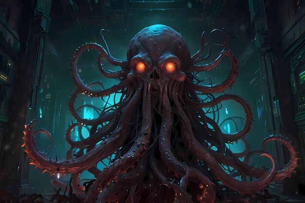 Photo an illustration of an octopus with glowing eyes