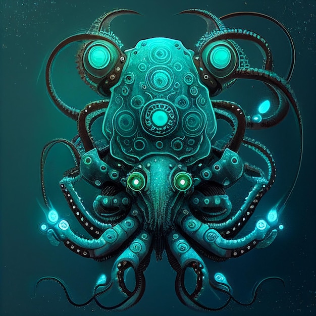An illustration of an octopus with green eyes and a blue background.