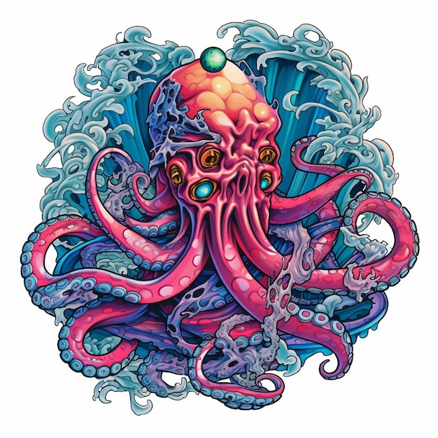 an illustration of an octopus with a red head and the word octopus on it.