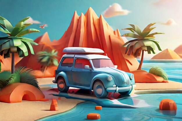Фото Иллюстрация 3d-рендеринговой концепции автомобильного путешествия на летние каникулы