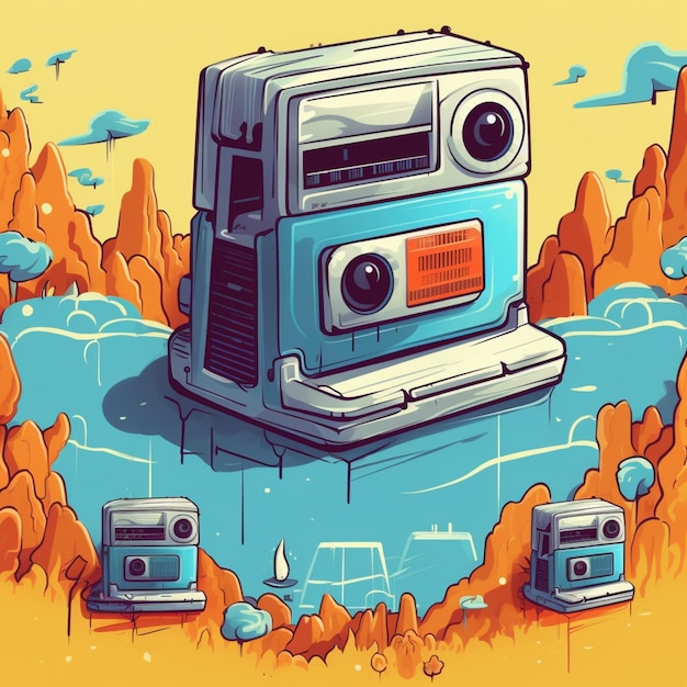 Фото Иллюстрация сине-белого радио, сидящего на вершине пустынного генеративного аи