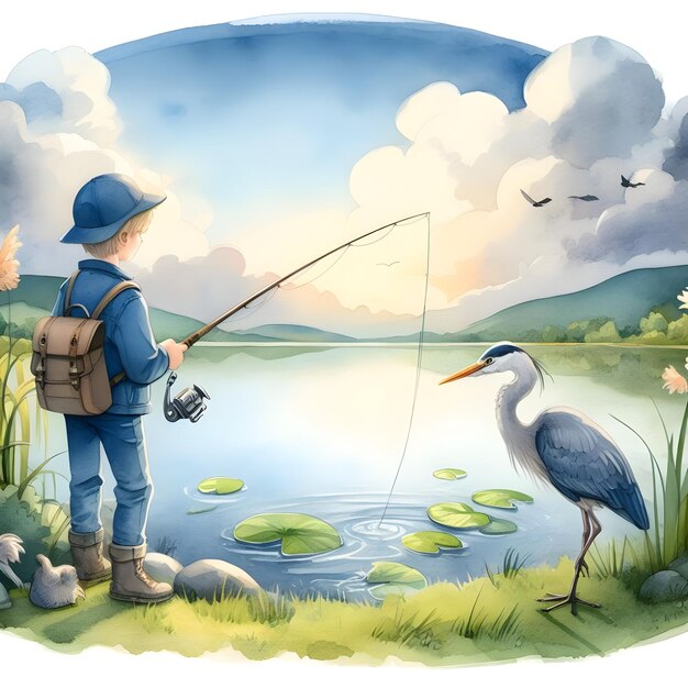 사진 색 배경 에 헤이론 이 있는 연못 에서 물고기 를 잡는 소년 의 일러스트레이션